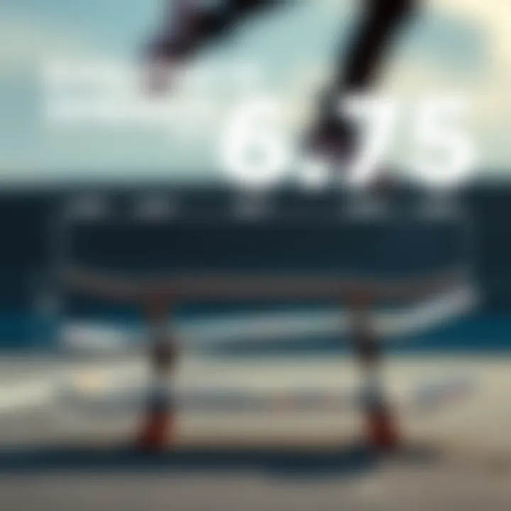 An infographic detailing the evolution of skateboard dimensions, prominently featuring the 6.75 size.