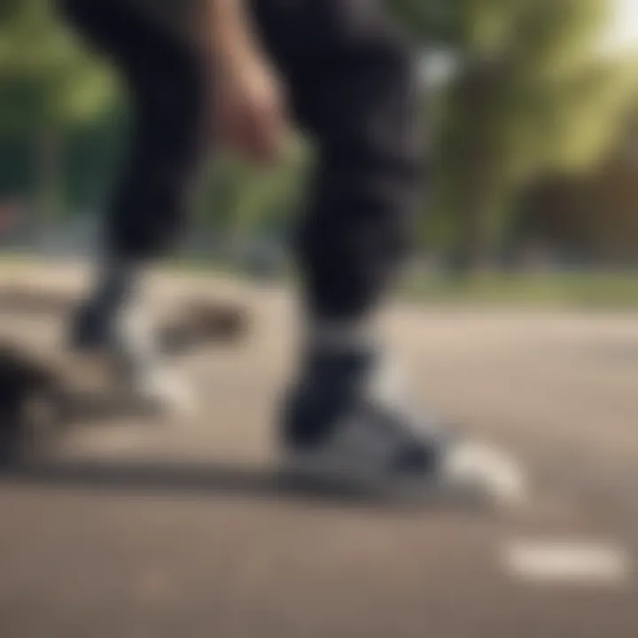 Group of skateboarders in a park, highlighting the fashion aspect of Adidas crew socks.