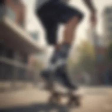 Dynamic action shot of a skateboarder wearing Adidas crew socks while performing a trick.