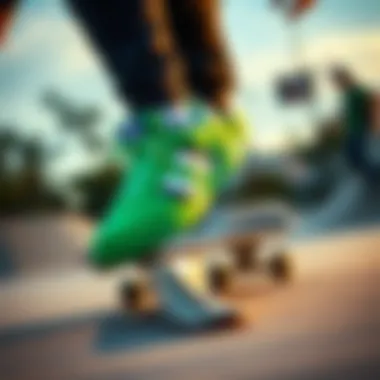 Skateboarder performing a trick while wearing adidas Matchbreak Super Green shoes