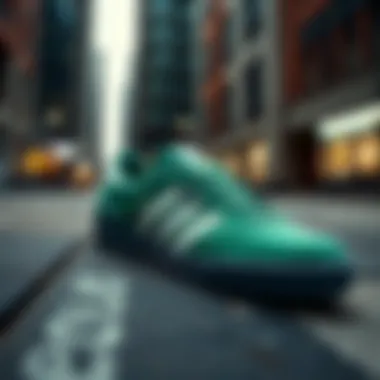 Aesthetic view of adidas Matchbreak Super Green against an urban backdrop
