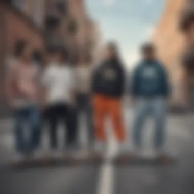 A diverse group of skateboarders wearing Adidas XXL gear in an urban setting