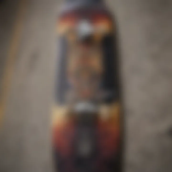 Close-up of skateboard deck showcasing unique design