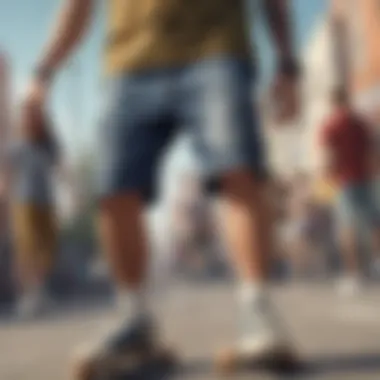 A fashion-forward skateboarding outfit featuring cloth shorts, demonstrating current trends in skate wear.