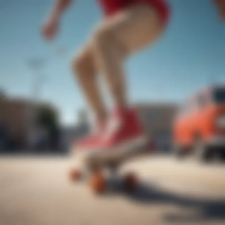 A vibrant skateboarding scene featuring skaters wearing red and tan Vans