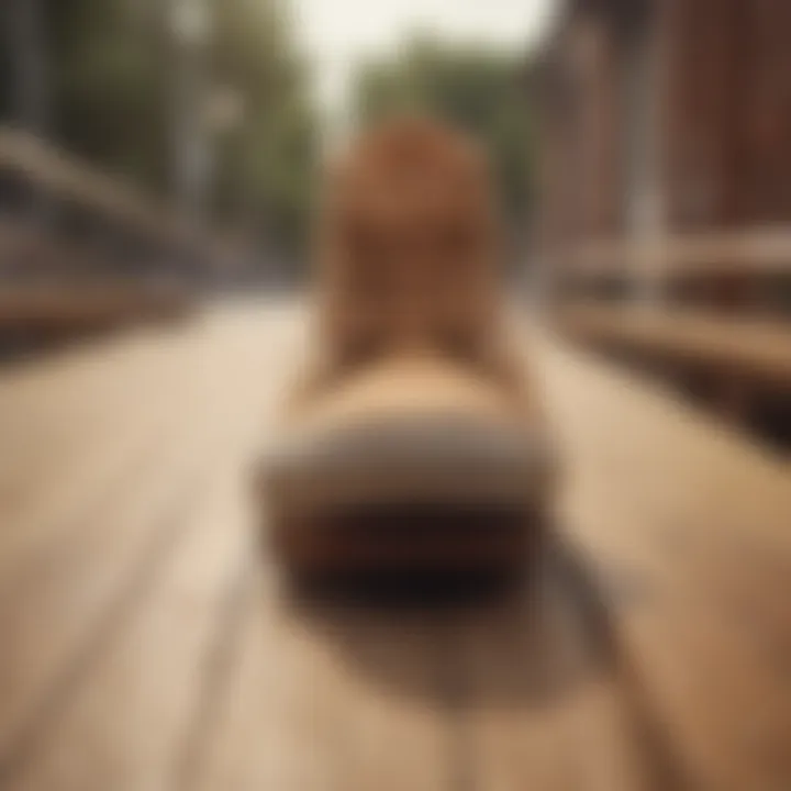 Tan Vans on a wooden ramp during a skateboarding session