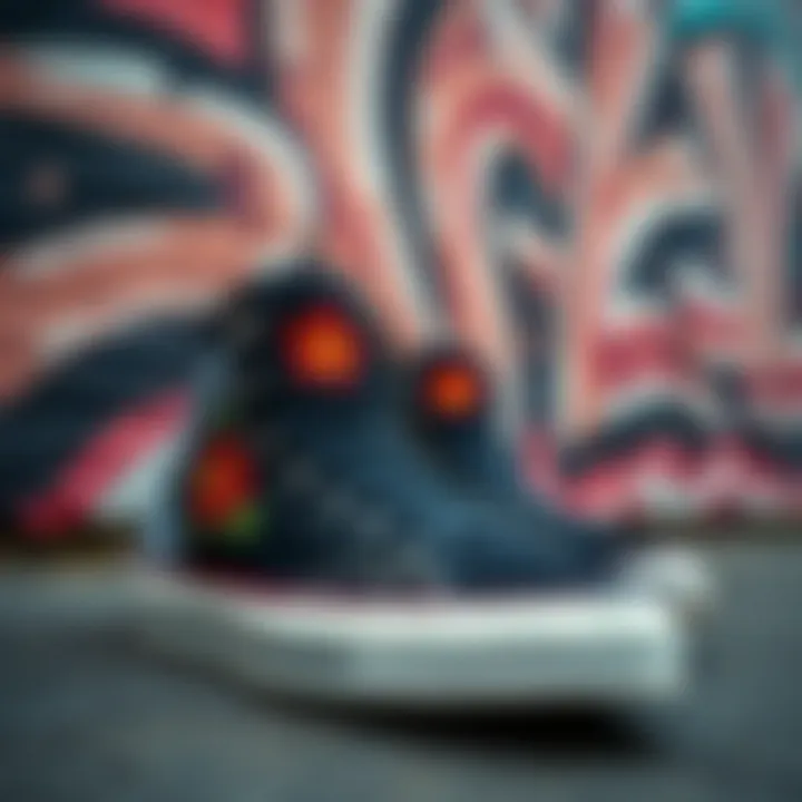 An artistic representation of embroidered high tops against a graffiti background
