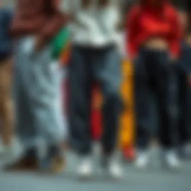 A variety of baggy sweatpants in different colors and fabrics