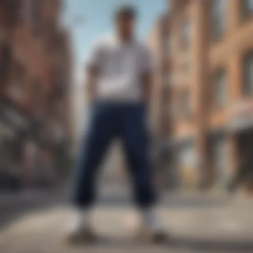 A skateboarder showcasing baggy trackpants in an urban setting