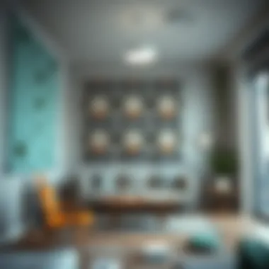 A minimalist space featuring geometric patterned banners