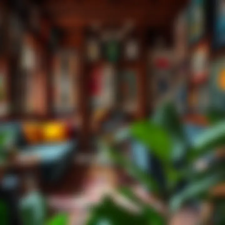 An eclectic room with mixed material banners creating visual interest