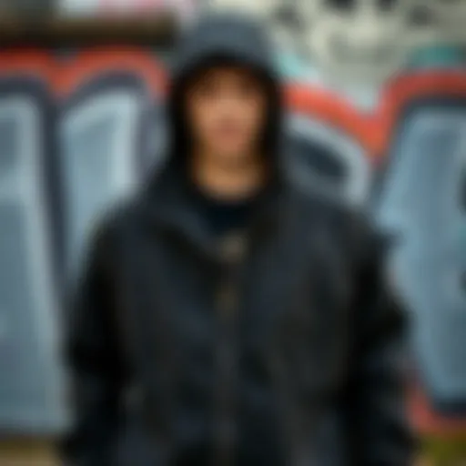 A stylish black anorak jacket against a graffiti backdrop