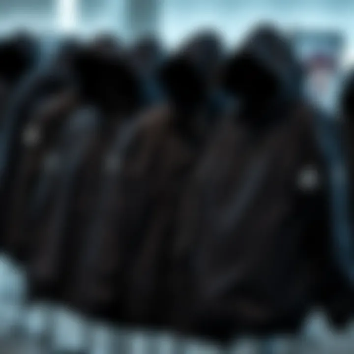A collection of black anorak jackets displayed in a stylish arrangement