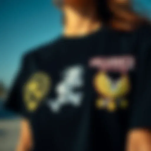 A close-up of a black graphic tee featuring iconic skate designs.