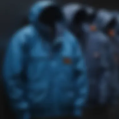 A collection of various blue anorak jackets from different brands.