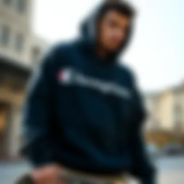 Skateboarder in Champion Hoodie A skateboarder wearing a Champion hoodie in an urban setting
