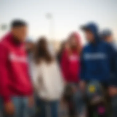 Group of skaters wearing Champion sweatshirts in a social setting