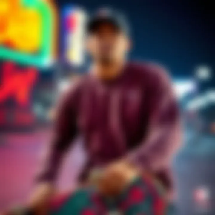 Champion long sleeve shirt within a vibrant skateboarding setting