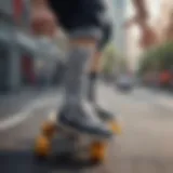 A close-up view of stylish checkerboard socks on a skate board.