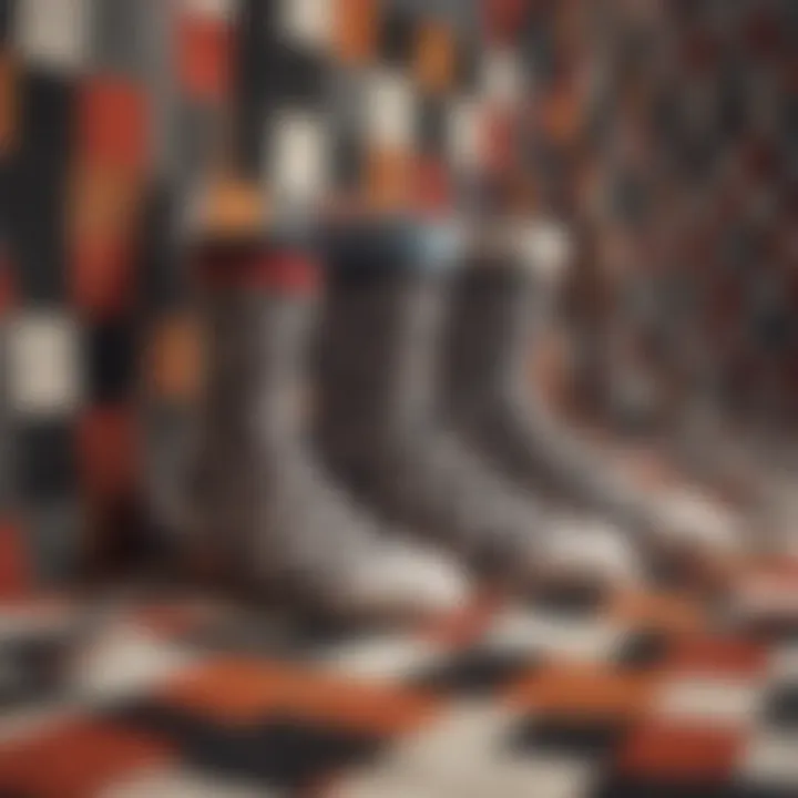 An artistic representation of various checkerboard sock designs laid out.