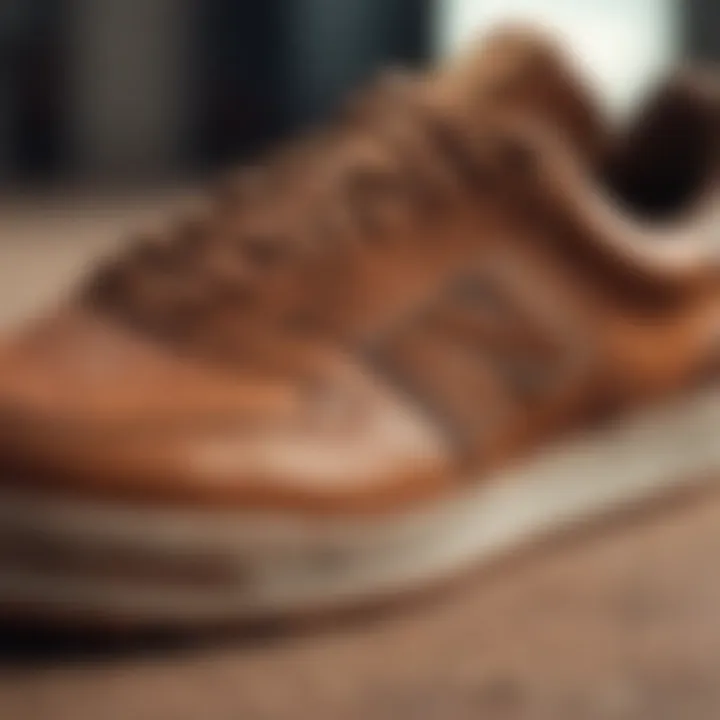 Close-up of the sole of brown New Balance shoes exhibiting durability and grip.