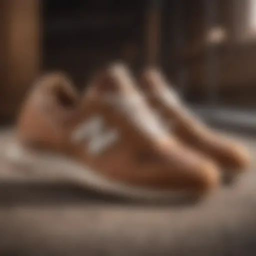 Detailed view of brown New Balance shoes showcasing craftsmanship and material quality.