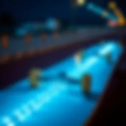 A skateboard illuminated by vibrant LED lights