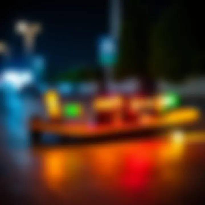 Different types of skateboard lights displayed on a surface