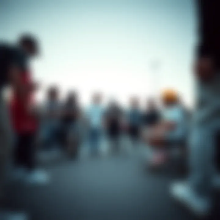 Group of skateboarders gathered, discussing footwear trends