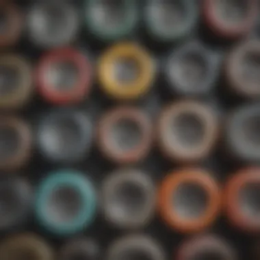 Different types of skateboard wheels and their textures.