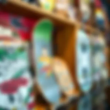 A close-up of skateboards on display highlighting diverse designs.