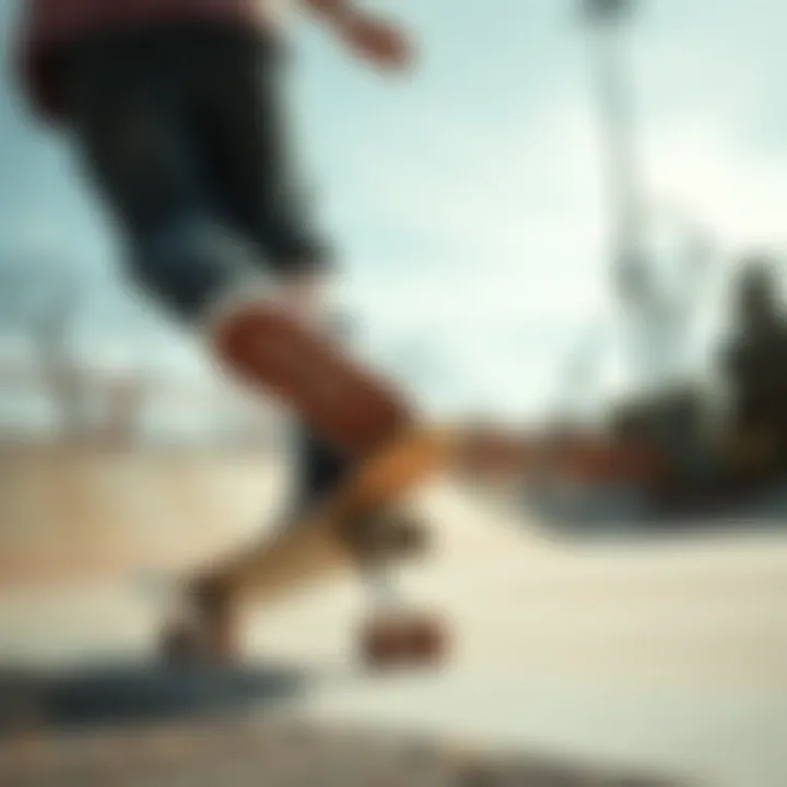 Close-up of a skater performing tricks at a skate park