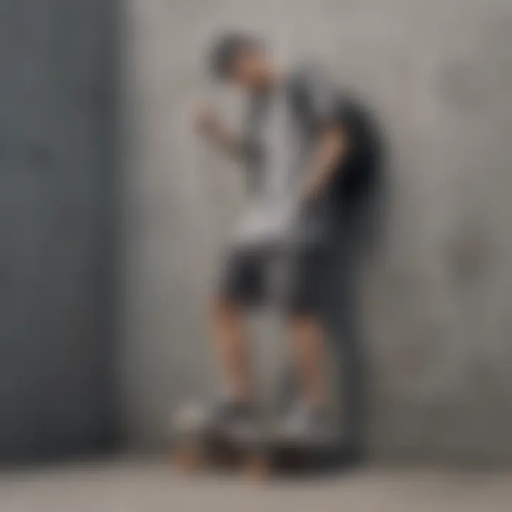 A skateboard leaning against a wall next to a pair of dark grey sweat shorts