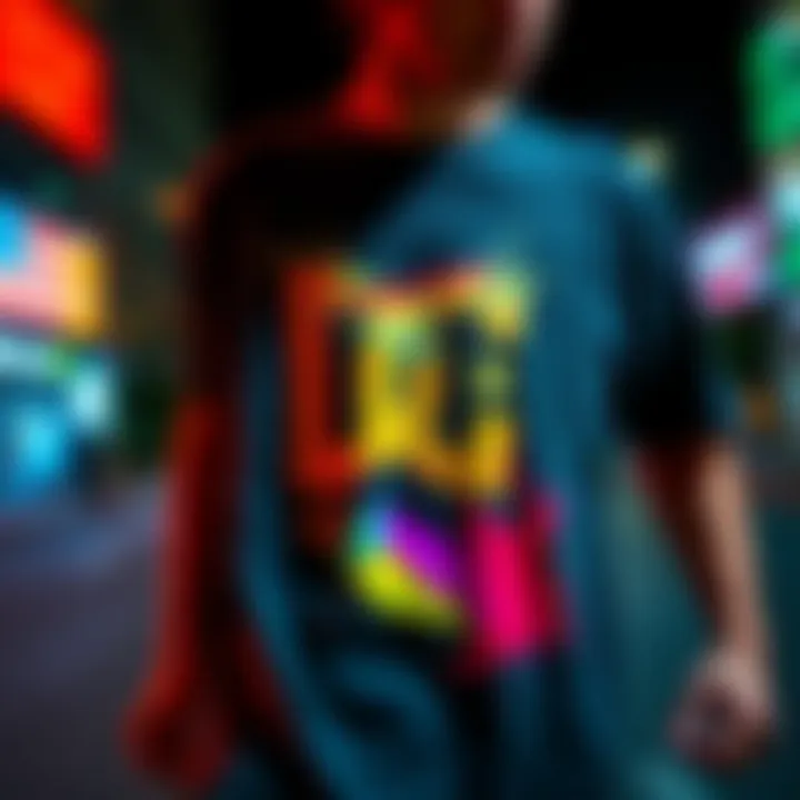 A vibrant DC T-shirt showcasing a unique graphic design inspired by skate culture.