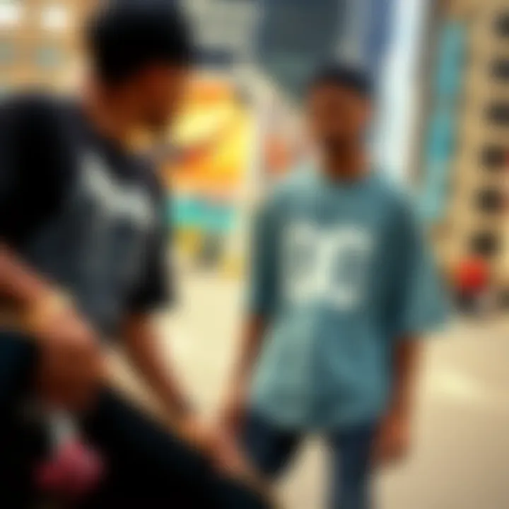 An urban setting where skateboarders wear DC T-shirts, illustrating their integration into street fashion.