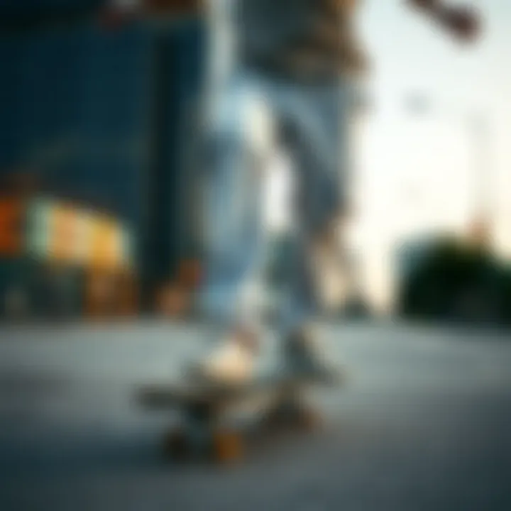A skateboarder wearing Dickies white cargo pants in an urban setting.