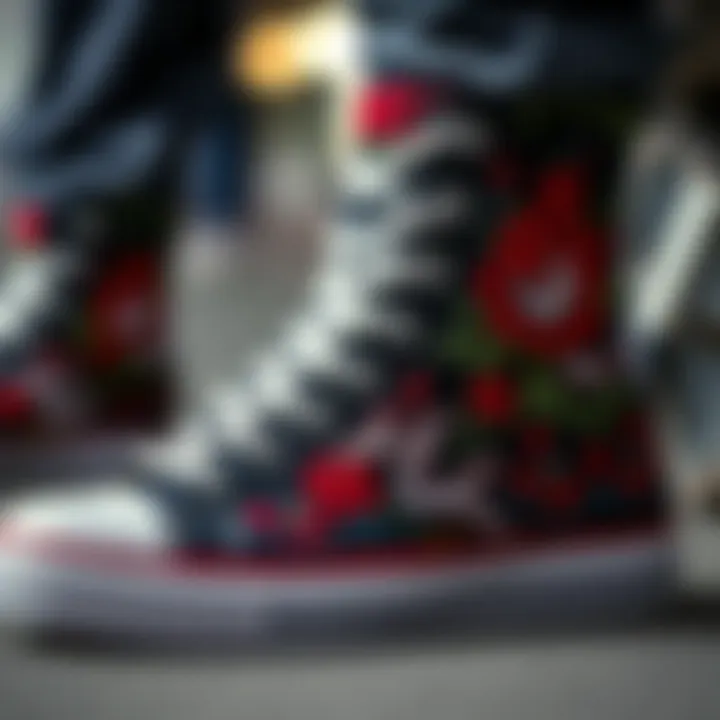 A close-up of embroidered high tops showcasing intricate designs