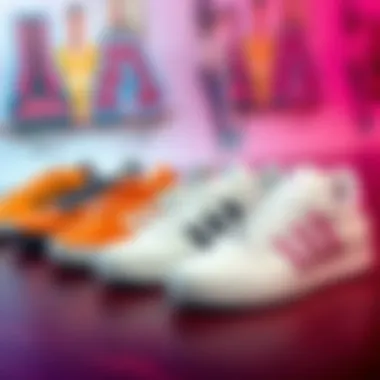 An artistic display of various Adidas models featuring clear soles lined up on a vibrant background