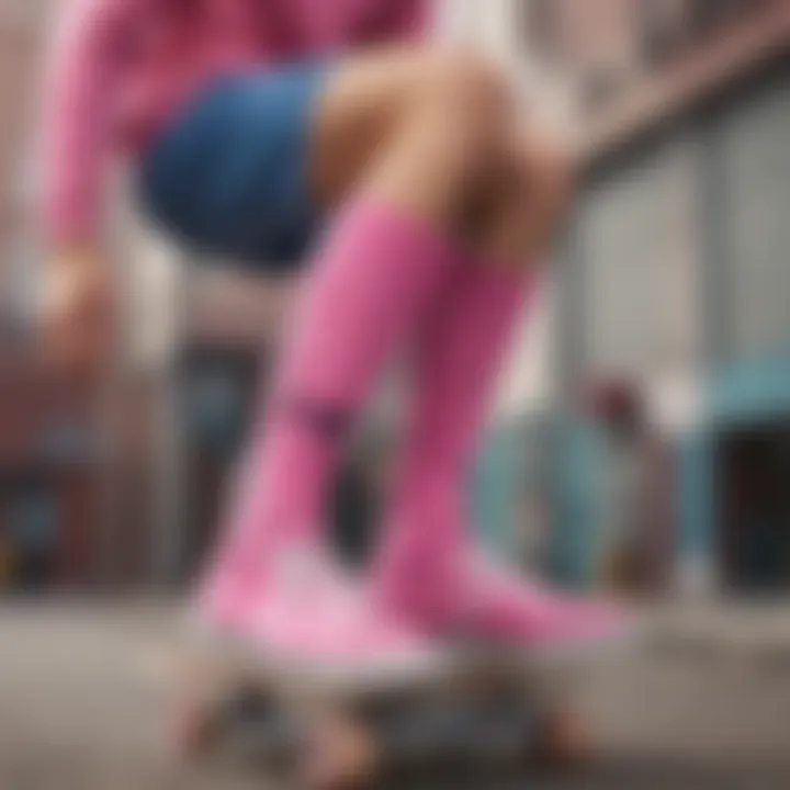 Close-up of pink crew socks on a skater's feet during a trick