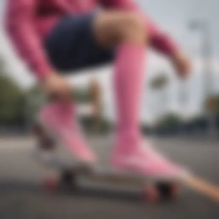 A skater styling pink crew socks with casual streetwear