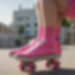 Vibrant pink crew socks paired with skate shoes on a skateboard