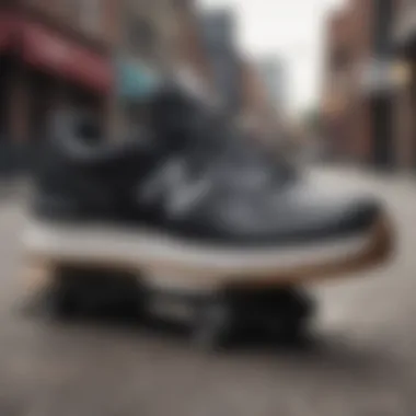 New Balance skate shoes in black on a skateboard, illustrating functionality