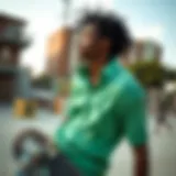 A mint green shirt displayed in an urban skate park setting