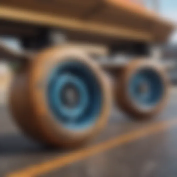 Close-up view of skateboard wheels and trucks highlighting quality craftsmanship.