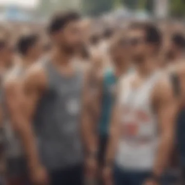 Group of individuals wearing band tank tops at a music festival