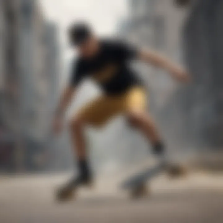 A skateboarder performing tricks while wearing black and gold shorts