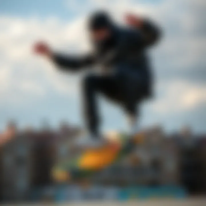 Skater performing tricks in a black camo jacket