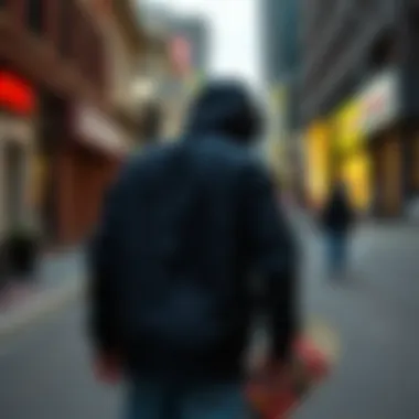 Urban scene showcasing a black camo jacket in skateboarding culture