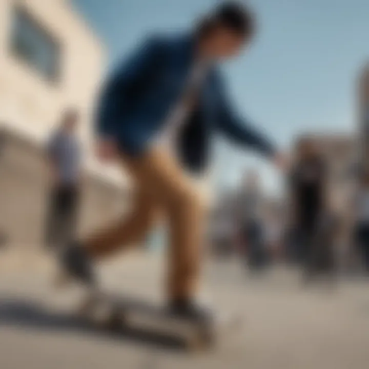 Outdoor scene with skateboarders wearing Dickies shirts