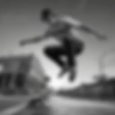 Dynamic skateboarder showcasing black and white pants in action